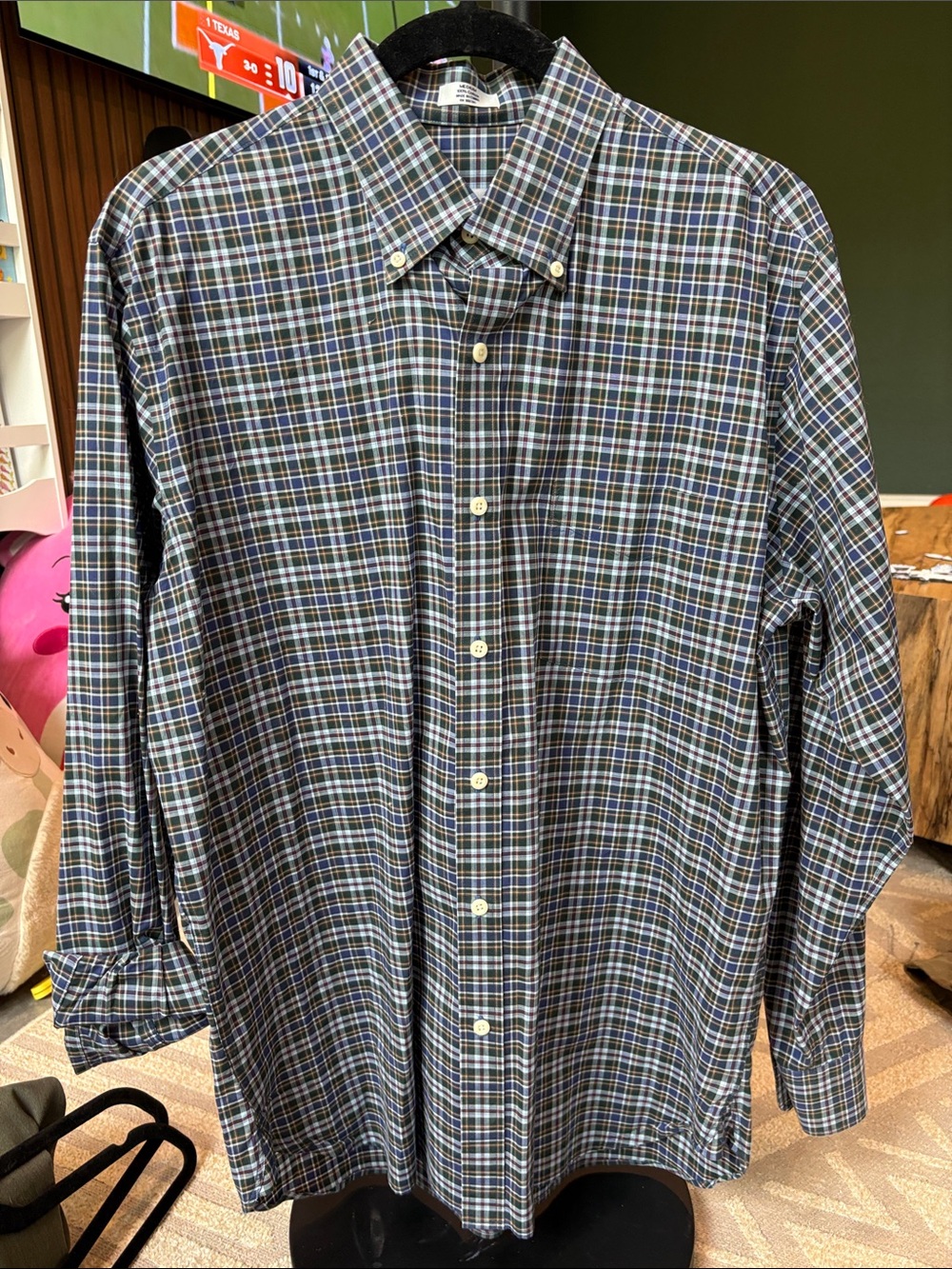 Peter Millar Men's Blue and Green Plaid Button-Down Shirt